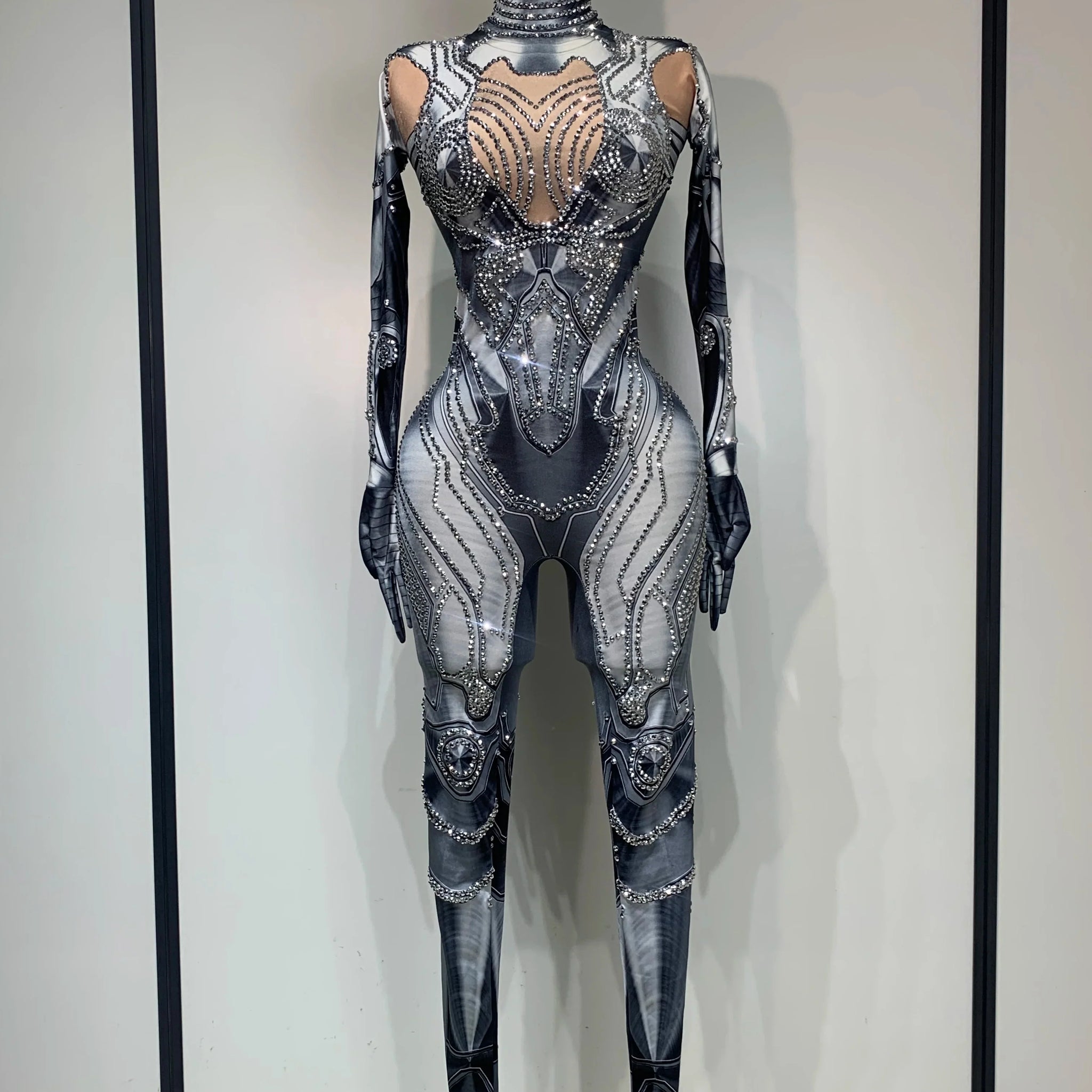 Sexy Stretchy Performance Dance Nightclub Rompers Singer Stage Wear Sparkly Rhinestones Jumpsuit Gloves for Women Costume GRAY