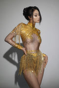 Sparkly Rhinestone Sequin Tassel Stretch Bodysuits Women Birthday Party Nightclub Dj Stage Performance Costume Gold