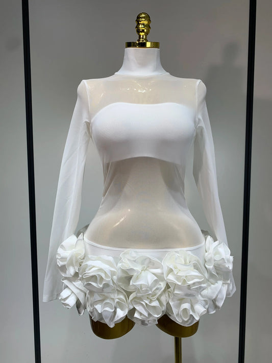 Women Sexy Mesh See through Stereoscopic Flowers White Red Mini Bandage Dress Birthday Evening Party Club Singer Perform Costume WHITE