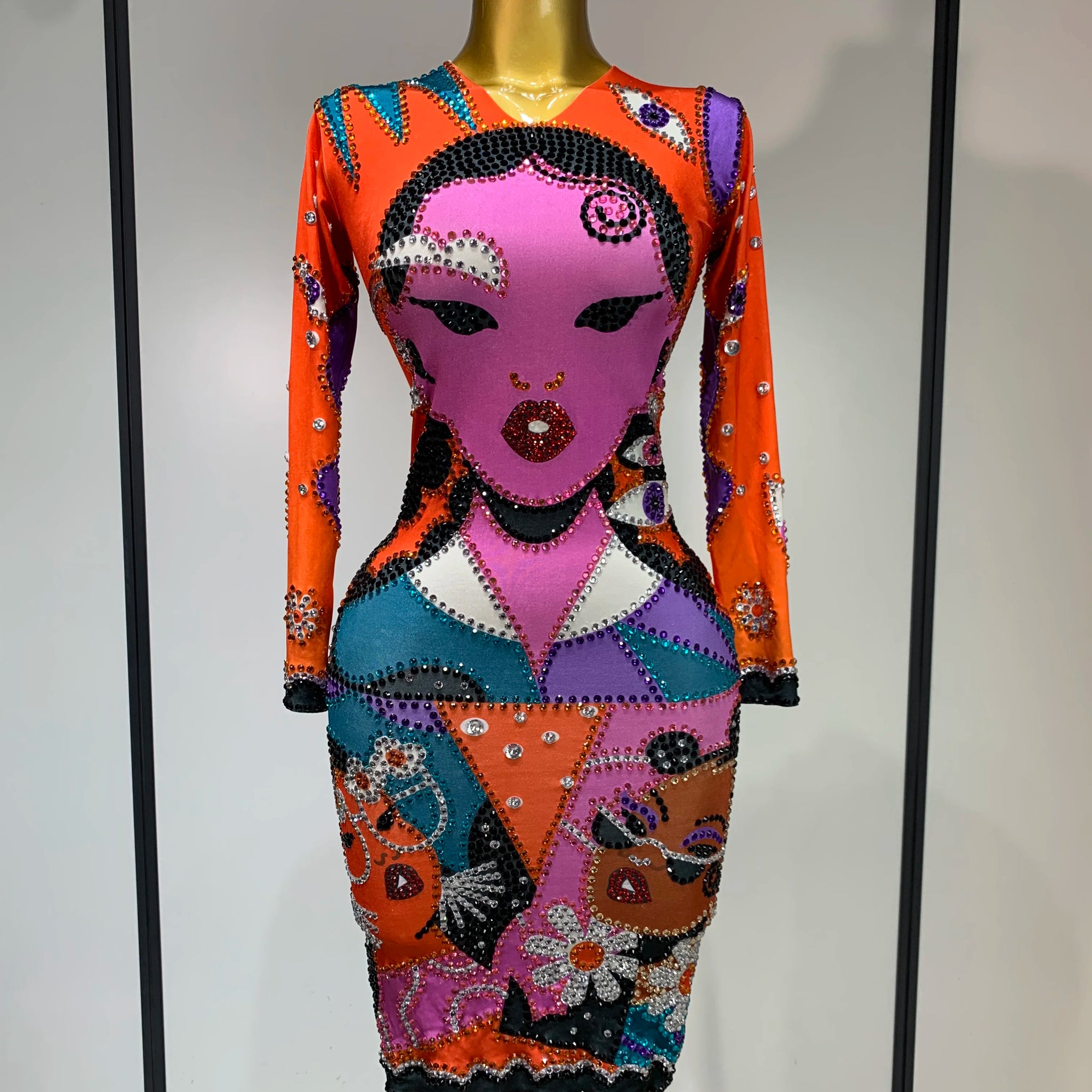 Women Sexy Long Sleeve Cartoon Print Short Dress Nightclub Performance Stage Costume Celebrity Evening Party Birthday Dress MULTI