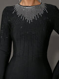 Elegant Women's Light Luxury Hot Diamond Bandage Dress O-neck Long Sleeve Bodycon Black Long Dress Evening Party Vestidos