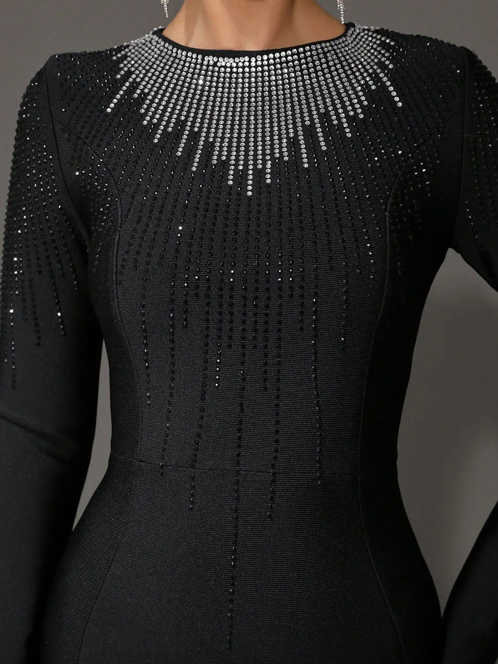 Elegant Women's Light Luxury Hot Diamond Bandage Dress O-neck Long Sleeve Bodycon Black Long Dress Evening Party Vestidos