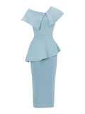 2024 Sexy Women Sky Blue Dress Off Shoulder Slant Neck Lotus Leaf Sleeve Button Design Bodycon Midi Dress Evening Party Vestidos SKY BLUE