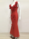 Sexy Backless Flower Women Evening Bandage Maxi Dress Folds V-Neck One shoulder Elegant Mermaid Matching Banquet Prom Bodycon