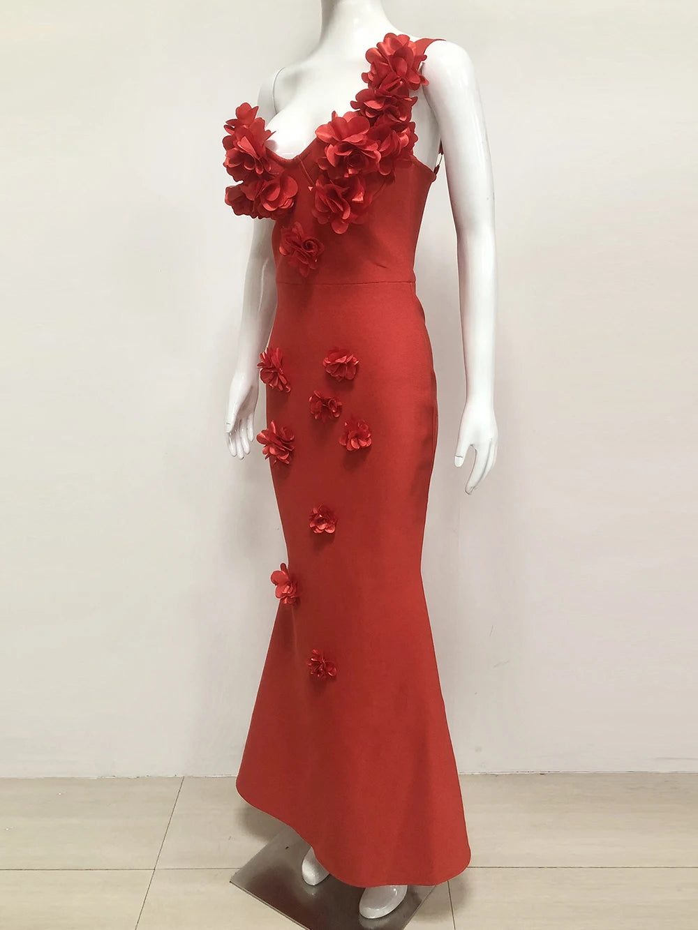 Sexy Backless Flower Women Evening Bandage Maxi Dress Folds V-Neck One shoulder Elegant Mermaid Matching Banquet Prom Bodycon