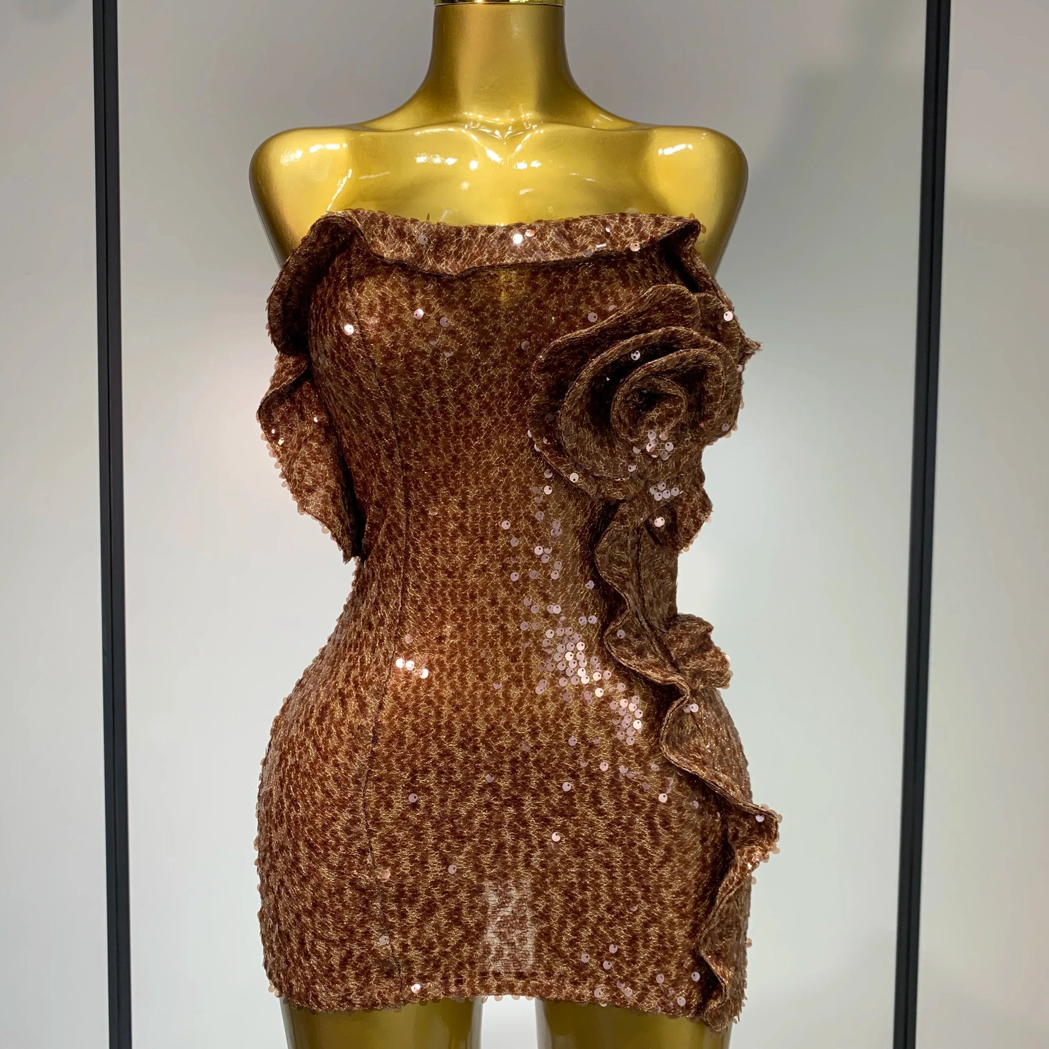 Women Sexy Strapless Backless Brown Sequins Mini Dress Celebrity Elegant Evening Party Club Luxury Birthday Guest Gown Dark Brown