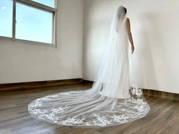 Floral Lace Applique Cathedral Bridal Veil 118 Inch Long Wedding Veil with Metal Comb for Brides White