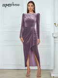 Spring Elegant Women's Velvet Dress O-neck Long Sleeve Bodycon Draped Split Body Long Dress Celebrity Evening Party Vestido
