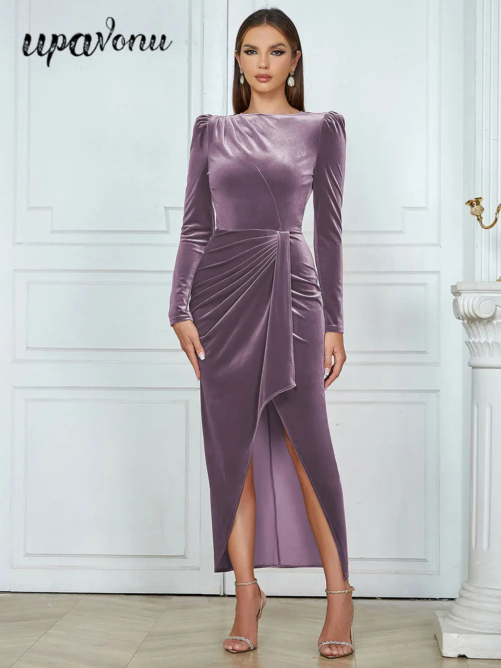 Spring Elegant Women's Velvet Dress O-neck Long Sleeve Bodycon Draped Split Body Long Dress Celebrity Evening Party Vestido