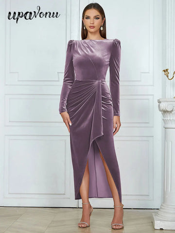 Spring Elegant Women's Velvet Dress O-neck Long Sleeve Bodycon Draped Split Body Long Dress Celebrity Evening Party Vestido