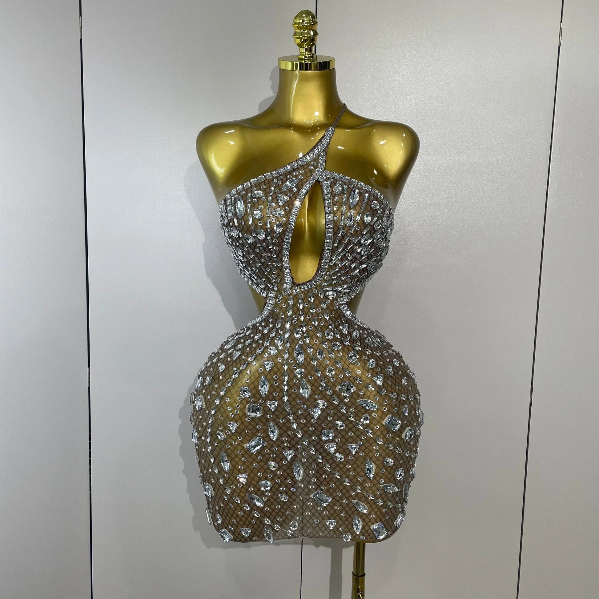 Luxury Sexy Backless Hollow Out Sparkle Diamond Evening Prom Women Birthday Celebrate Stage Nightclub Outfit Dark Brown