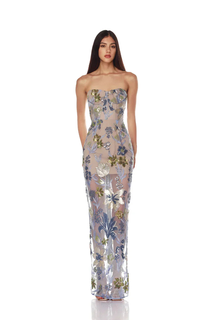Sequin Flower Embroidery Sexy Mesh See Through Strapless Ankle Length Dress Woman Evening Party Dress Celebrity Cocktail Vestido As picture