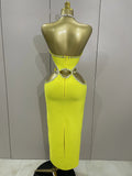 Luxury Sexy Backless Halter Beading Maxi Long Lemon Yellow Bandage Dress Women Elegant Evening Club Birthday Party Dress