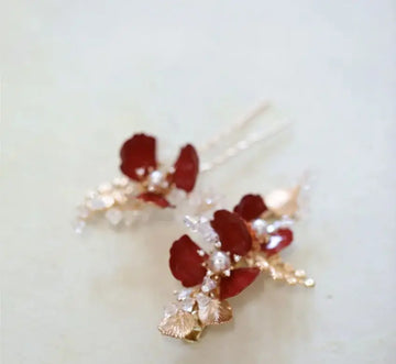 Red Flower Hair Pin Clip Leaf Head Piece For Brides Women Pearl Hairpin Party Dinner Dress Bridal Jewelry Wedding Accessories a