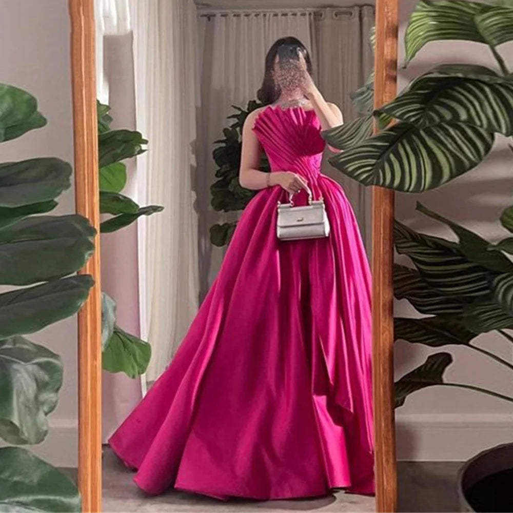 Rose Pink Silk Evening Dress Sexy Strapless A-line Prom Dress Ball Gown Party Dress Sleeveless فساتين مناسبة رسمية