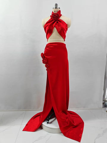 Red and Black Floral Sheath Dress, Sleeveless Off-Shoulder, Polyester Spandex, High Split Floor-Length, 2 Pieces for Party and Cocktail Red
