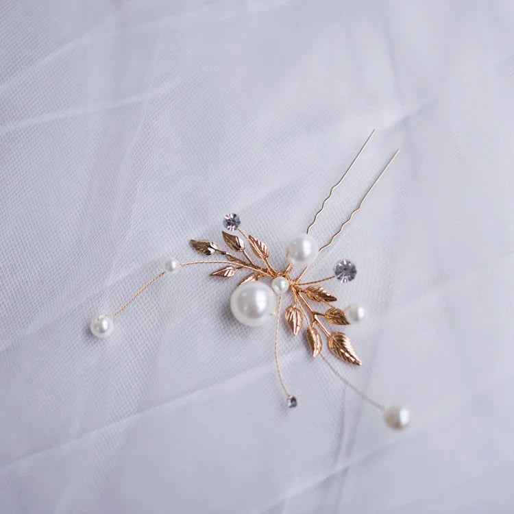 Rhinestones Pearl Hair Pin Clip Leaf Hairpin For Brides Women Gold Silver Color Head Piece Wedding Accessories Bridal Jewelry gold color