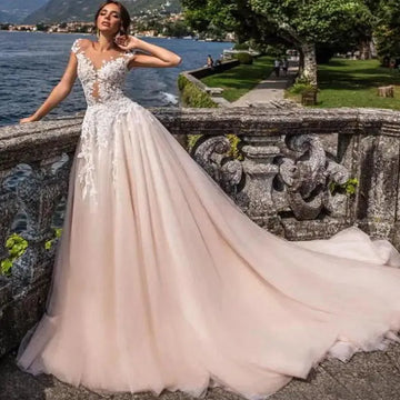 White Lace See-Through A-Line Wedding Dress with Sweep Train Plus Size Boho Beach Bridal Gown Pink