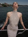 Women Celebrity Sexy Sleeveless Diamonds Backless Ruched Beige Maxi Long Gowns Dress Elegant Evening Party Club Vestido Khaki