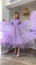Long Sleeves Prom Gowns A Line Tulle Tiered Skirt Short Formal Special Party Dresses Women Bridesmaid Dress Lilac