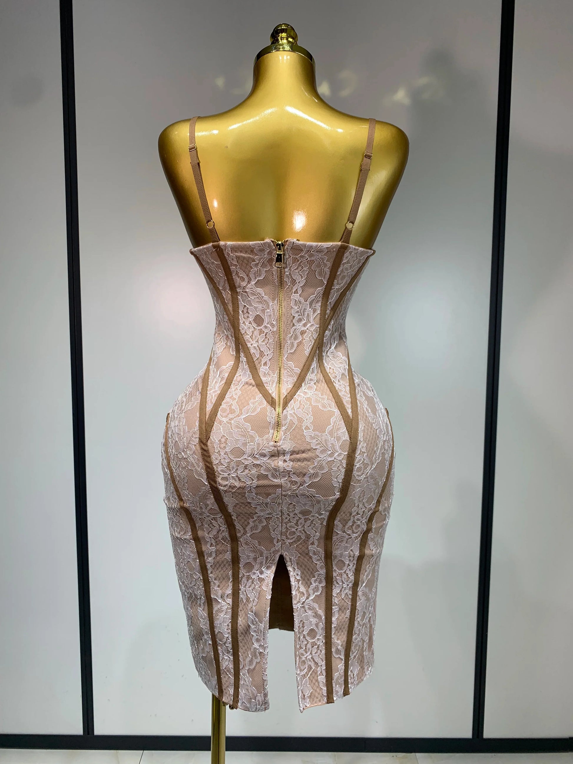 Luxury Birthday Dress Women Khaki Spaghetti Strap Lace Sexy Bodycon Celebrity Elegant Cocktail Club Party Bandage Dress