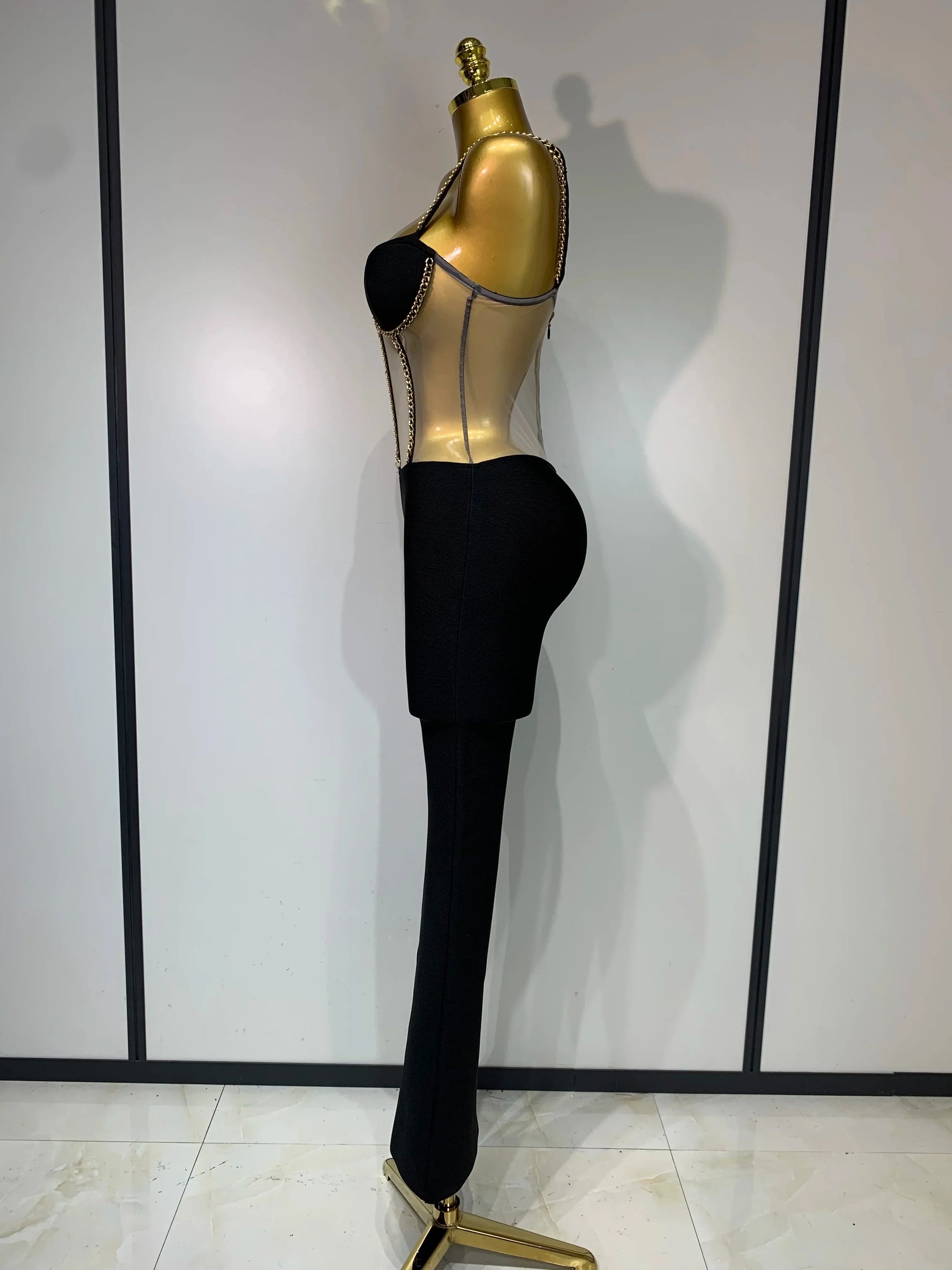 Women Luxury Sexy Sleeveless Mesh Chain Black Bodycon Bandage Jumpsuit Fashion Party Celebrity Designer High Street Rompers
