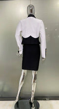 Arrivals Fashionable Women's Bandage Set Golden Buttons White Patchwork Black Coat And Sleeveless Bodycon MIini Dress