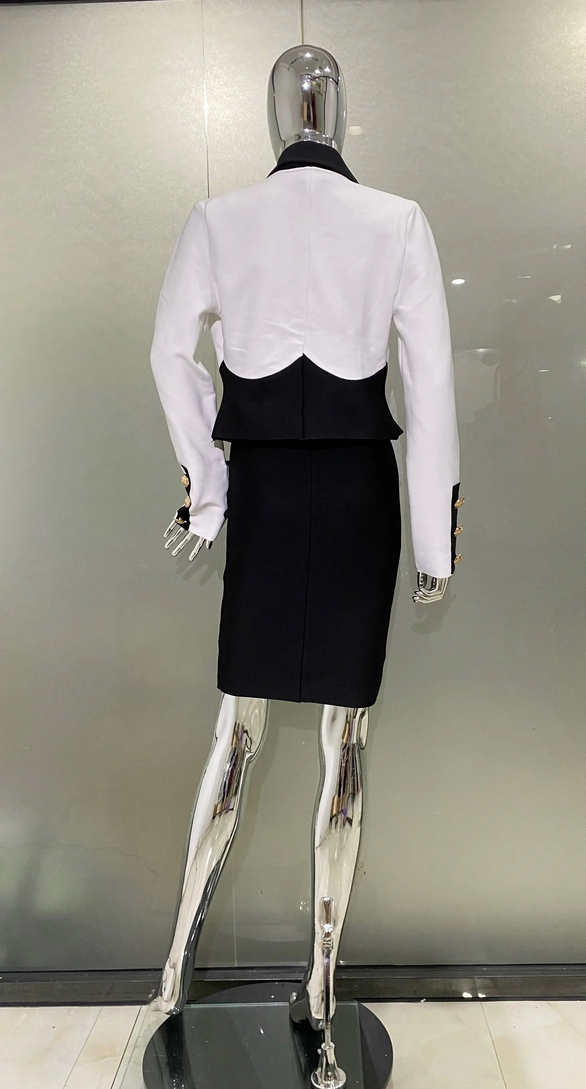 Arrivals Fashionable Women's Bandage Set Golden Buttons White Patchwork Black Coat And Sleeveless Bodycon MIini Dress
