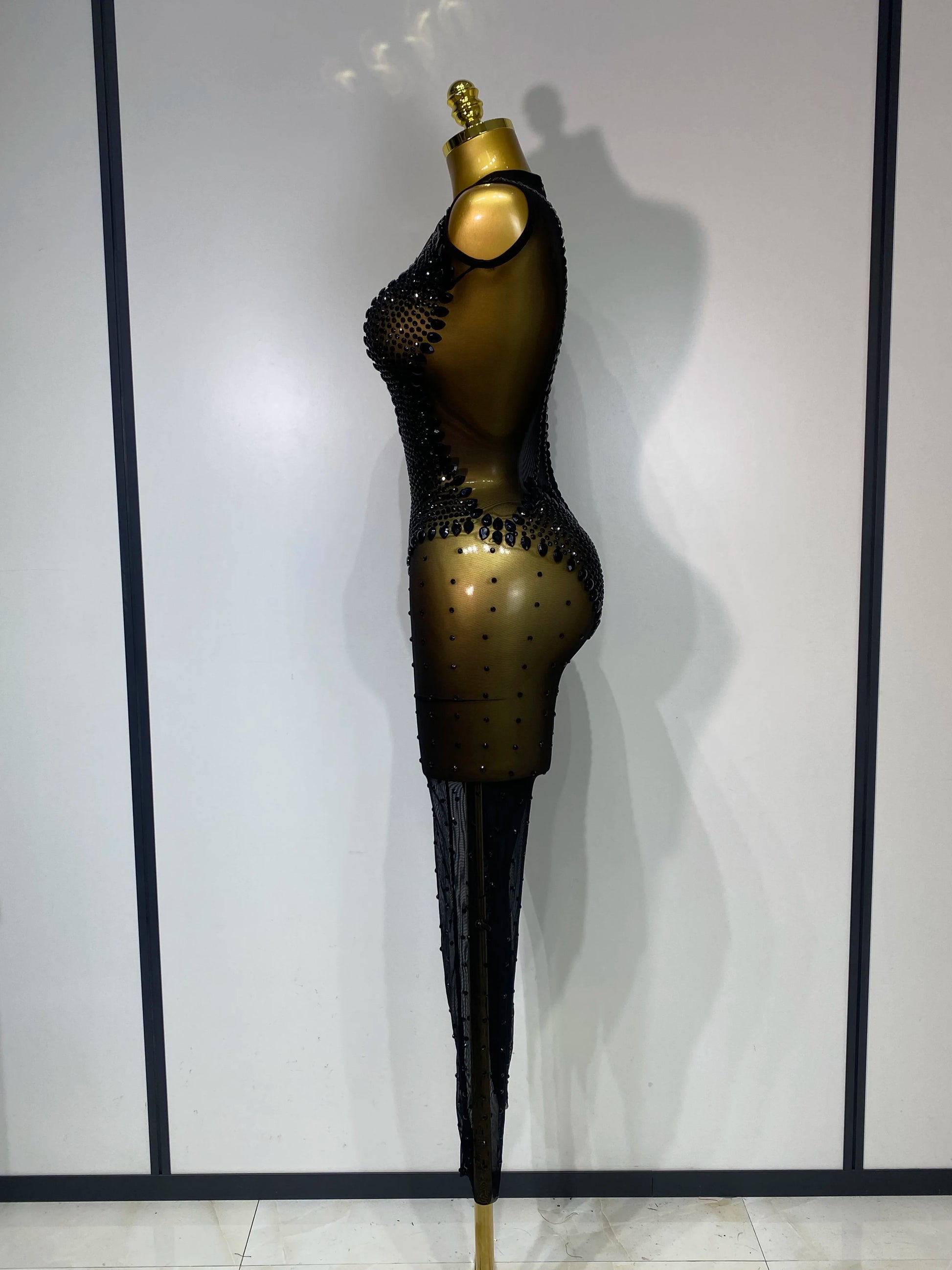 Women Sexy Mesh See Through Crystal Chain Black Bodycon Jumpsuit Celebrity Designer Dancer Night Club Rompers Stage Costume