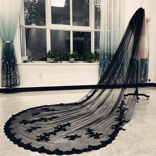 1 Layer Black Applique Wedding Veil Lace Cathedral Length Bridal Veil