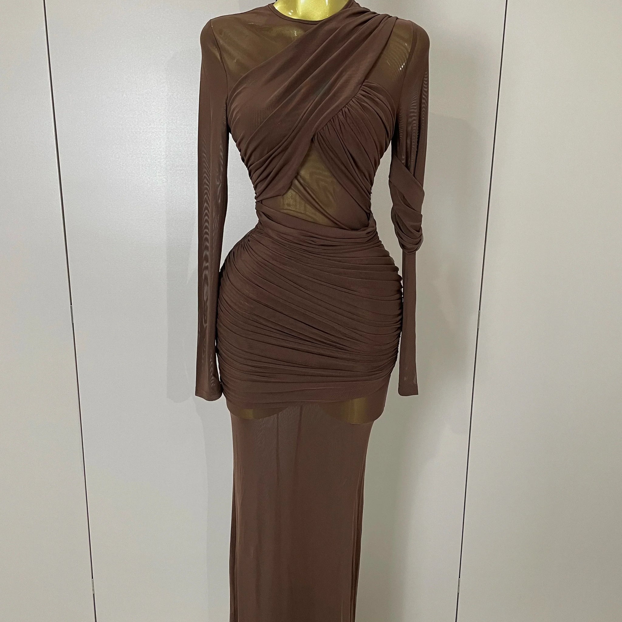 Women Elegant Brown Mesh Fold Long Sleeve Bodycon Dress Evening Party Club Sexy Perspective Fashion Luxury Birthday Dresses Dark Brown