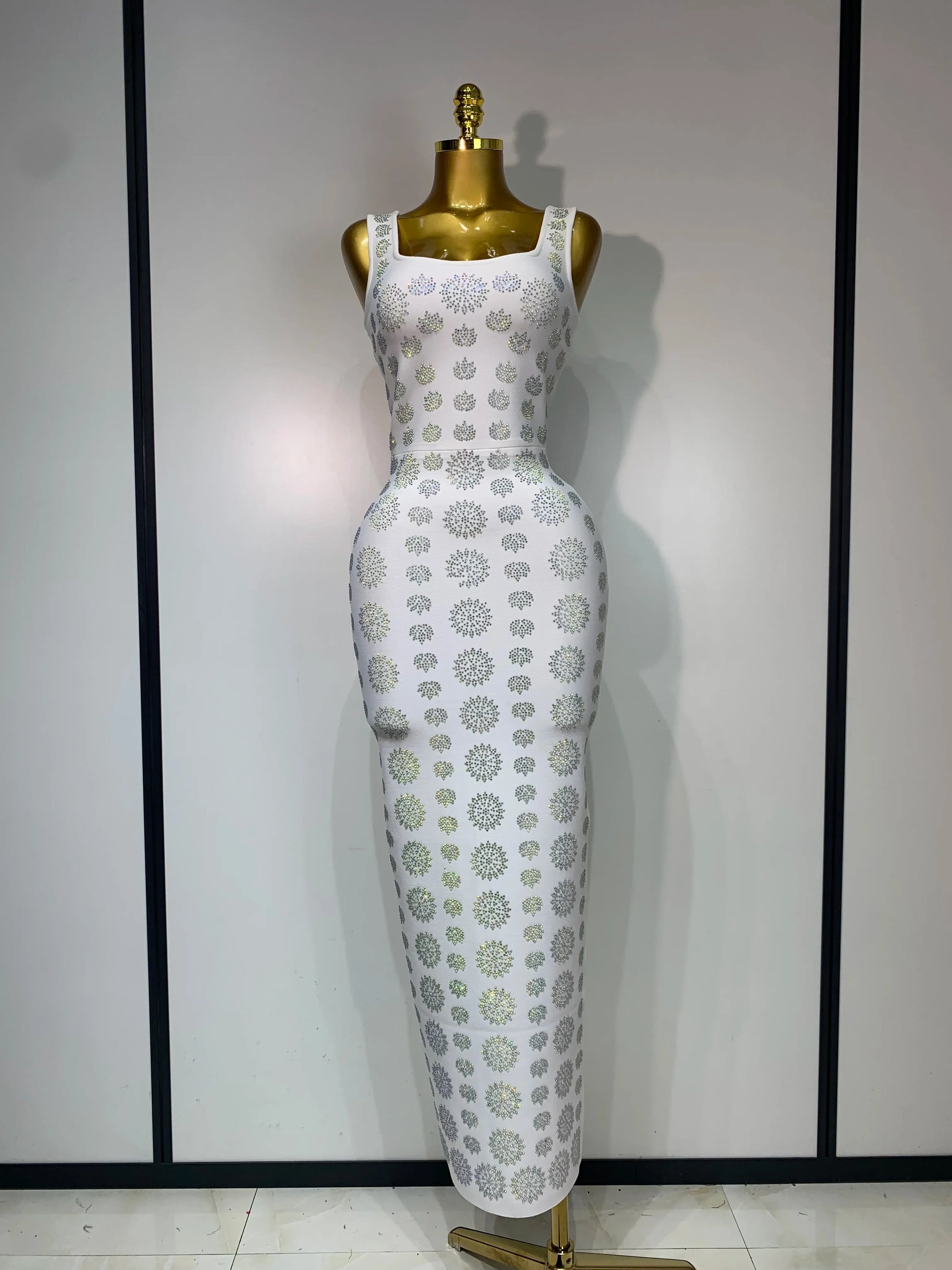 High Qulity Sparkling Diamonds Sleeveless Strech Bandage Dress Elegant Woman Evening Party Wedding Guest Luxury Birthday Dress WHITE