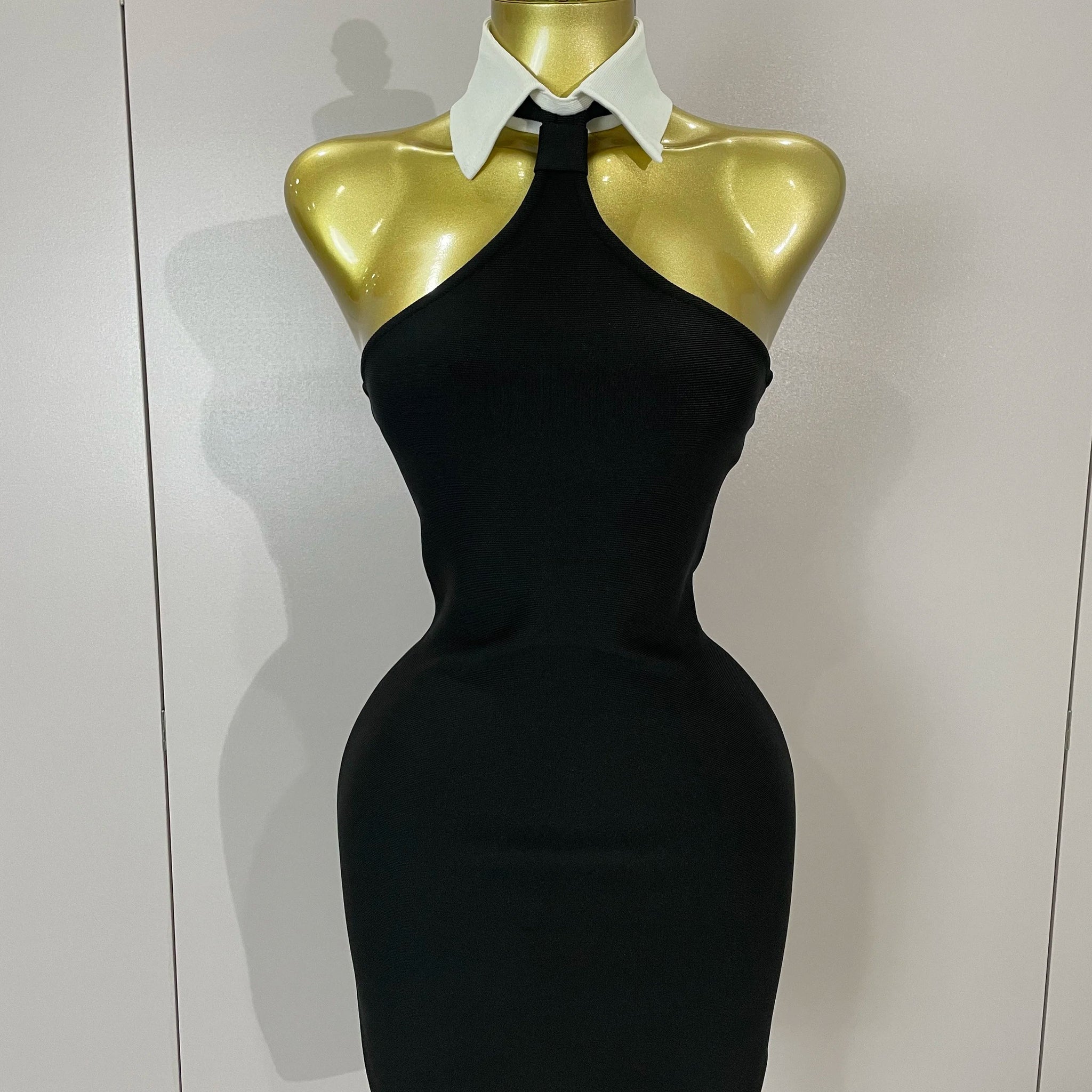 Sexy Backless White Shirt Collar Black Mini Bodycon Bandage Dress Women Elegant Evening Club Party Luxury Birthday Dresses black