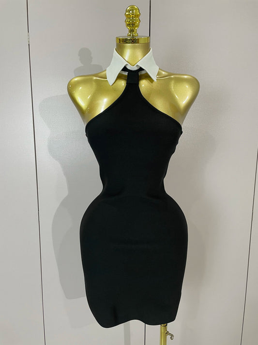Sexy Backless White Shirt Collar Black Mini Bodycon Bandage Dress Women Elegant Evening Club Party Luxury Birthday Dresses black