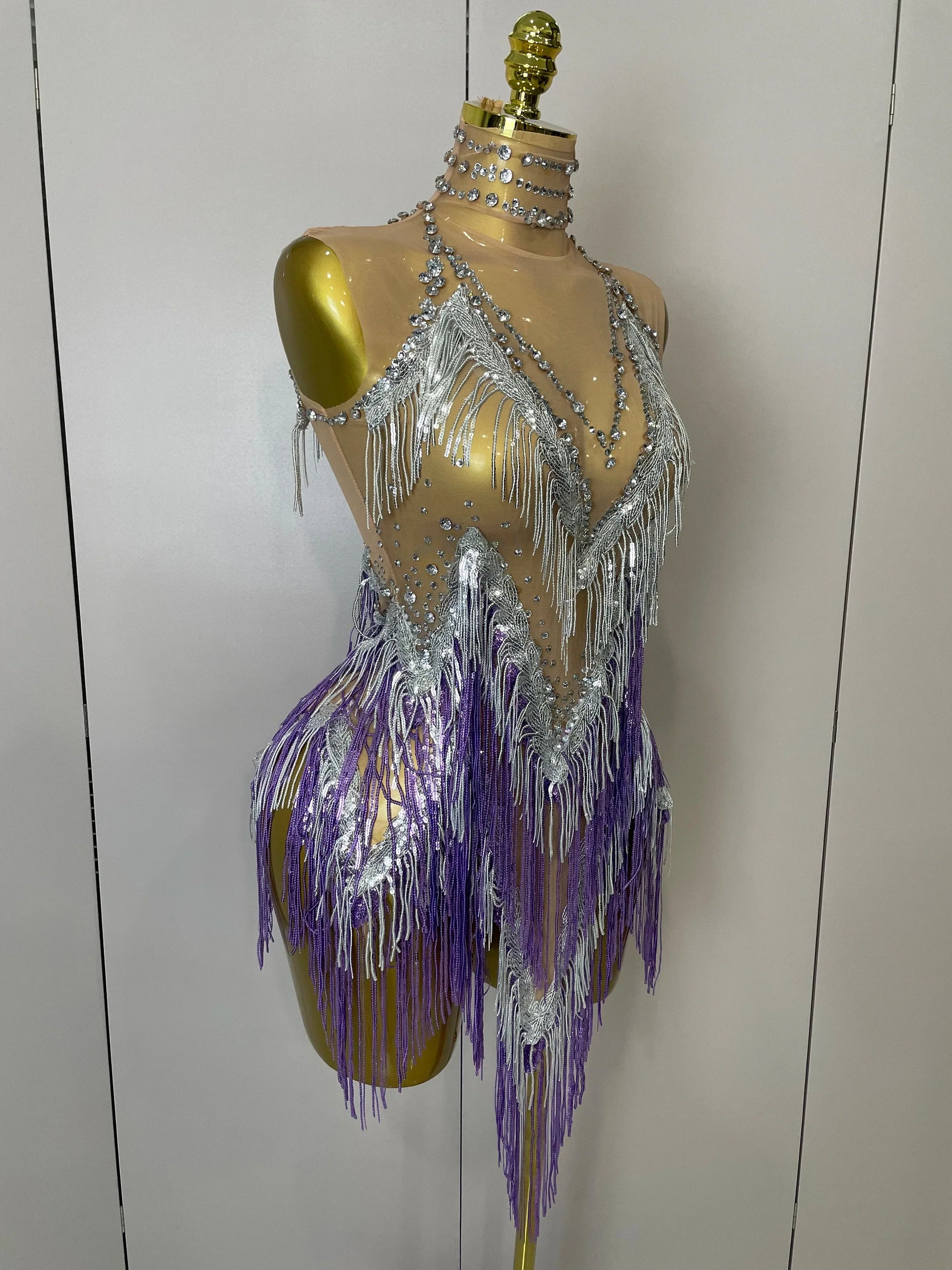 Women Sexy Stretch Mesh Sparkly Rhinestone Tassels Mini Dress Nightclub Singer Dance Stage Costume Evening Gowns