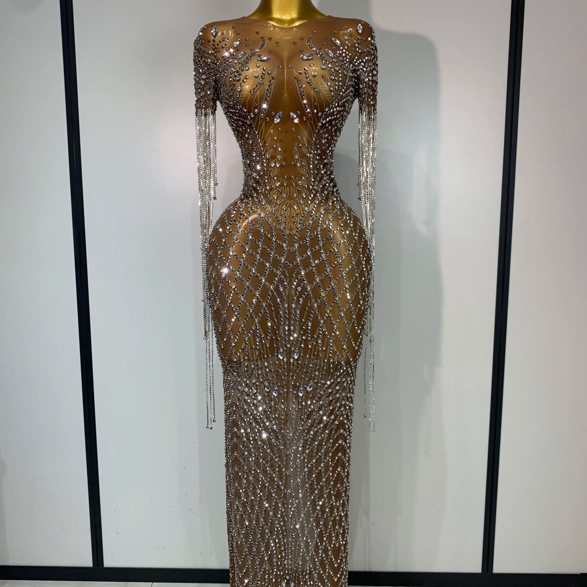 Luxury Sparkly Rhinestones Tassel Transparent Mesh Stretch Long Dress Women Evening Celebrate Birthday Dress Sexy Stage Costumes Dark Brown