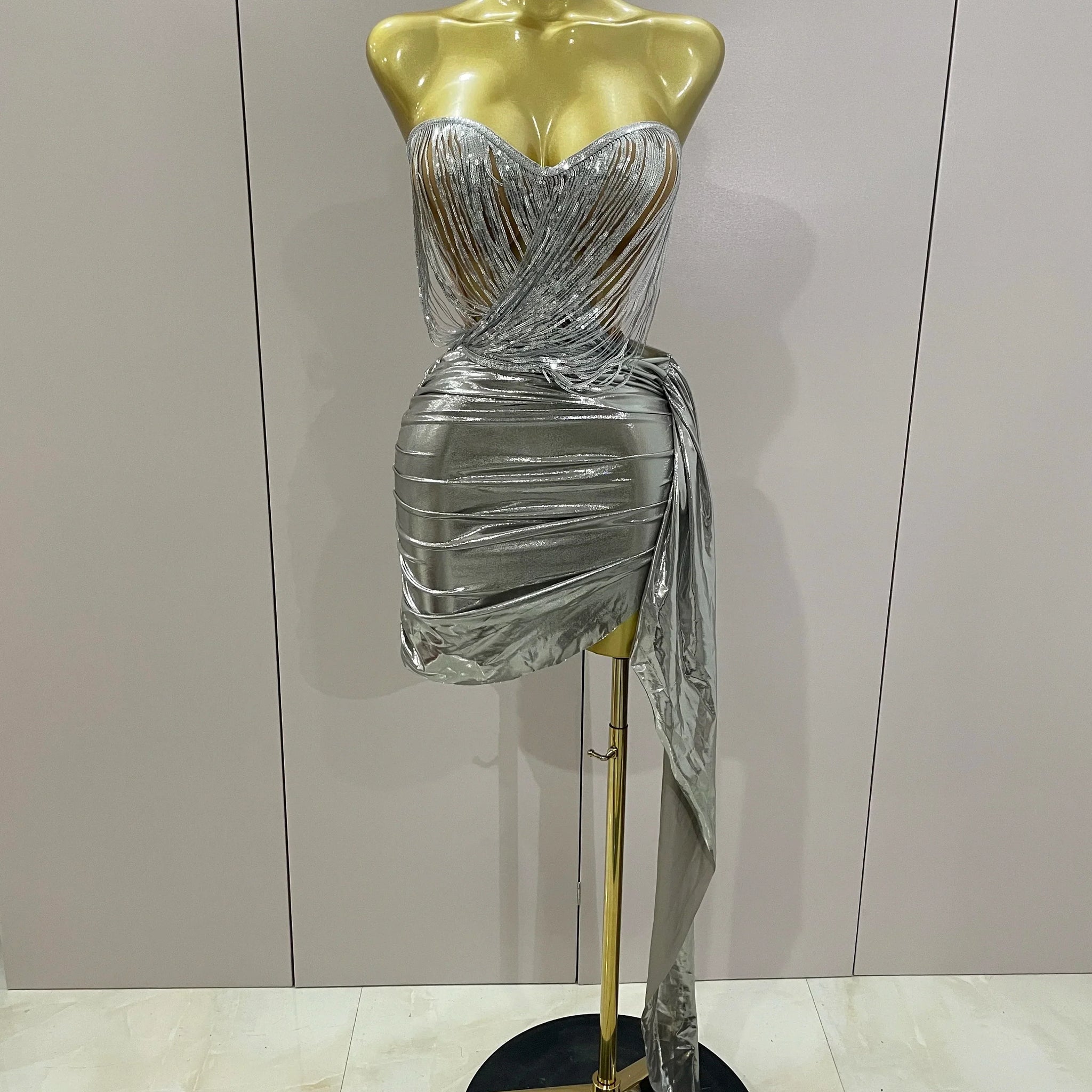 Shiny Silver Sequin Tassels Mini Dress 2-piece Set Women Evening Birthday Party Club ShootPhoto Stage Costume Gold