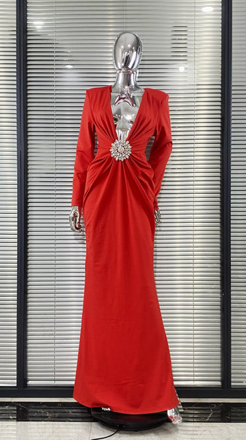 Black Red White Women Long Sleeve Sexy Deep V-Neck Bodycon Long Dress Elegant Evening Party Celebrate Birthday Outfit Vestido Red