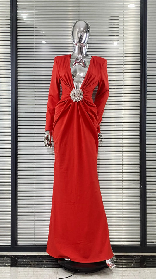 Black Red White Women Long Sleeve Sexy Deep V-Neck Bodycon Long Dress Elegant Evening Party Celebrate Birthday Outfit Vestido Red