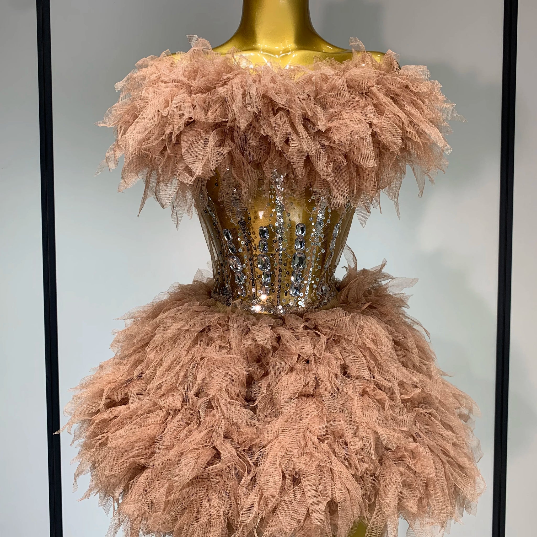 Women Sexy Strapless Mesh Two Pieces Set Celebrity Nightlcub Party Photo Shoot Outfit Prom Gown Luxury Birthday Dresses Light Brown