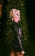 New Black Women Long Sleeve Sexy Shinning Sequins Bodycon Mini Dress Fashion Celebrate Nightclub Party Cocktail Dress
