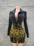 Women Long Sleeve Sexy Deep V-Neck Bodycon Blazer Dress Shinning Sequins Celebrate Nightclub Bar Singer Stage Wear black