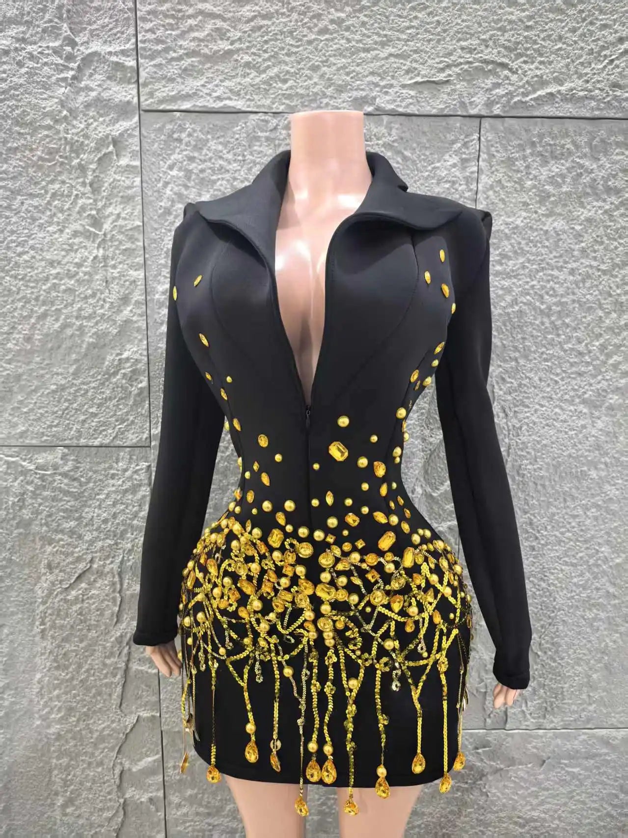 Women Long Sleeve Sexy Deep V-Neck Bodycon Blazer Dress Shinning Sequins Celebrate Nightclub Bar Singer Stage Wear black