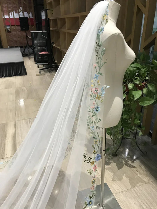 Colorful Flower Wedding Veil Hand Made Lace Bridal Veil Perfect for Outdoor, Garden, or Themed Ceremonies. Off-White 250cm