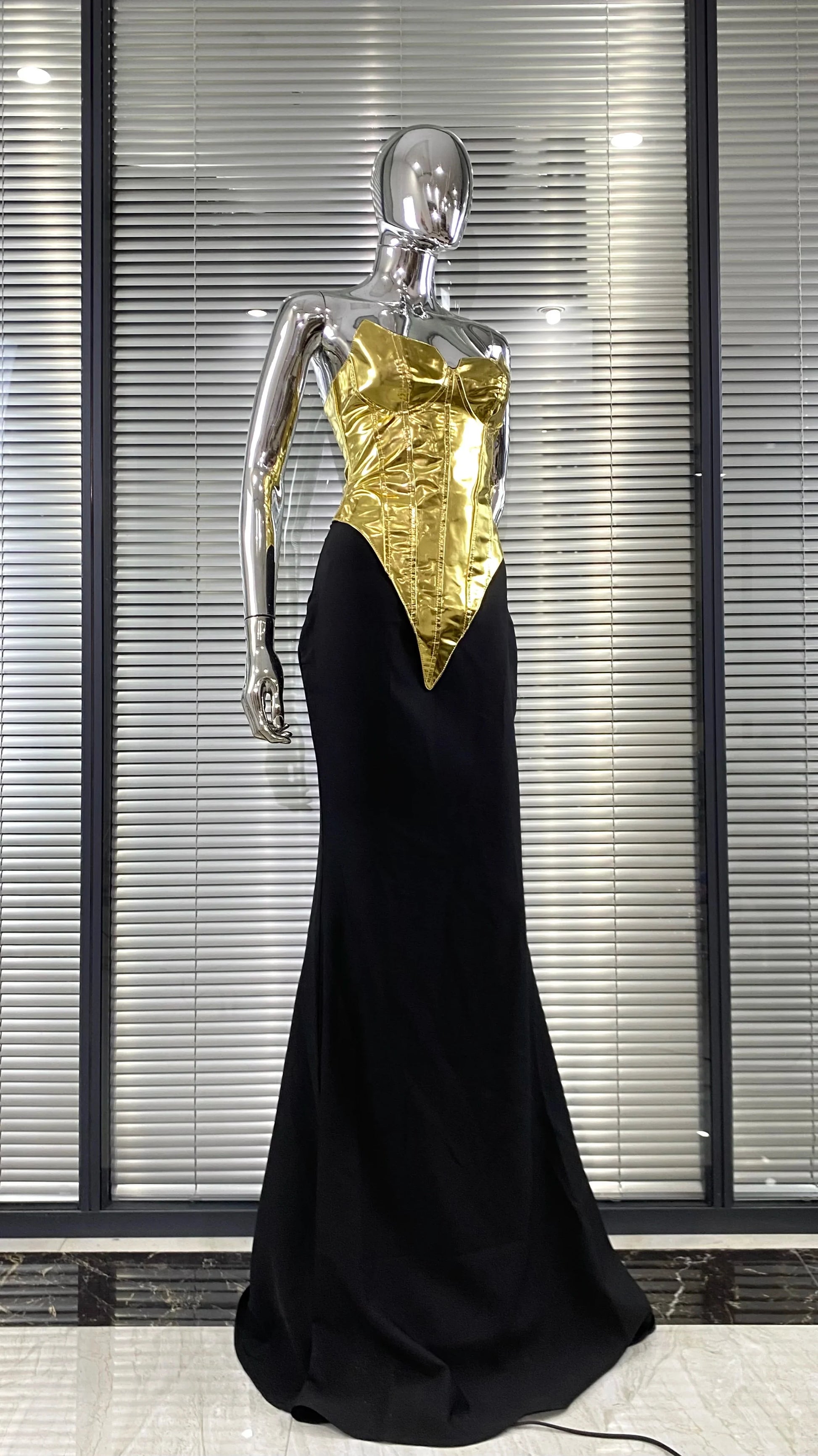 Women Sexy Gold Laced-up Tops Long Maxi Skirt Set Celebrate Evening Party Nightclub Fashion Cocktail Outfit Dress