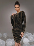 Elegant Women's Light Luxury Rivet Design Bandage Dress O-neck Long Sleeve Bodycon Black Mini Dress Evening Party Vestidos