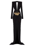 Sexy Women's Light Luxury Maxi Dress Deep V-neck Long Sleeve Three Dimensional Beaded sequin Design Bodycon and Floor Dress