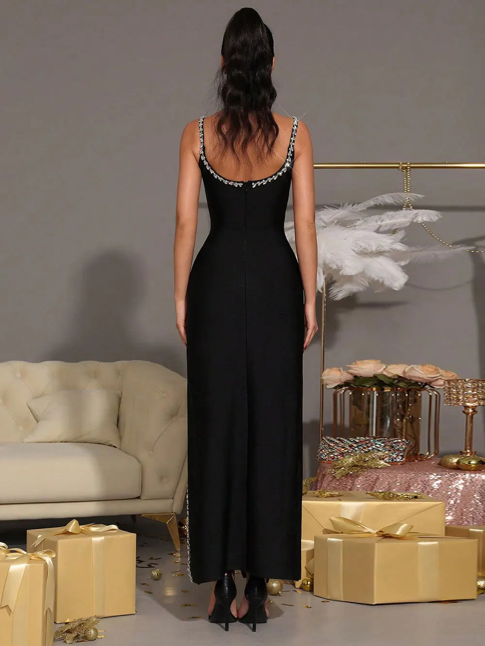 Sexy Women's Nail Diamond Design Bandage Long Dress Spaghetti Strap Sleeveless Bodycon Split Dress Evening Party Vestidos