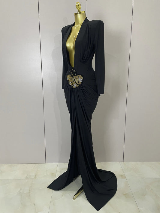 Sexy Deep V-Neck Long Sleeve Bodycon Long Dress Women Spring Elegant Evening Party Celebrate Cocktail Outfit Vestido