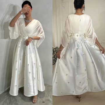 Prom Dress Saudi Arabia Satin Draped Applique Pleat Evening A-line V-Neck Bespoke Occasion Gown Long Sleeve Dresses